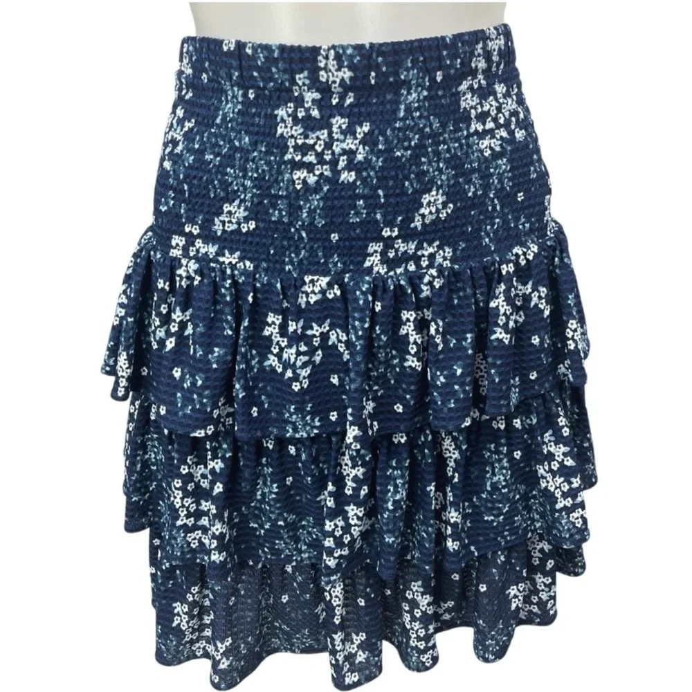 Michael Kors Navy Floral Tiered Smocked Waist Mini Skirt‎ Size M
